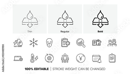 Group, Coronavirus report and Cogwheel line icons. Pack of Notification, Engineering documentation, Doctor icon. Water resistant, Snowflake, Medical mask pictogram. Notebook service. Vector