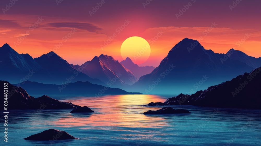 Breathtaking Sunset Illuminating the Sea and Mountains, Casting Silhouettes Over Tranquil Waters. Generative AI