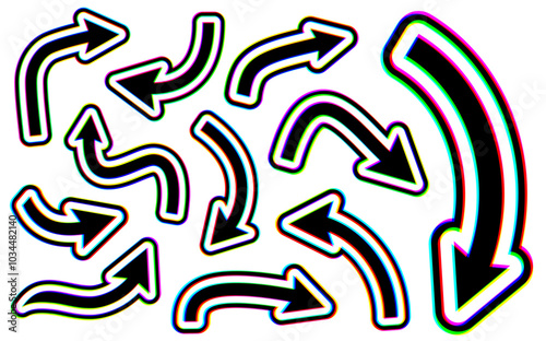 A collection of various black hand-drawn arrows with a colorful glitch effect. The arrows vary in size and direction, adding a dynamic, artistic touch to digital projects and designs.