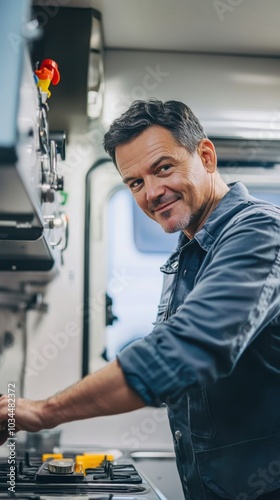 Caucasian RV Technician in His 40s Repairs Modern Travel Trailer Stove in Recreational Vehicle Workshop. Generative AI