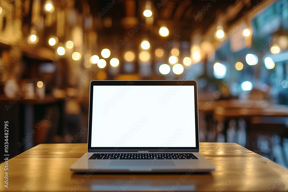 A laptop with a blank white screen on a wooden table in a coffee shop, with a blurred background and a bokeh effect, in a minimalist style.