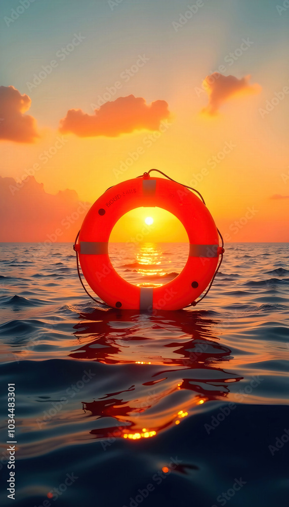 An orange lifebuoy floating at sea during sunset, creating a vibrant contrast against the calm waters, symbolizing safety and hope in a serene maritime setting An orange lifebuoy floating at sea during sunset, creating a vibrant contrast against the calm waters, symbolizing safety and hope in a serene maritime setting