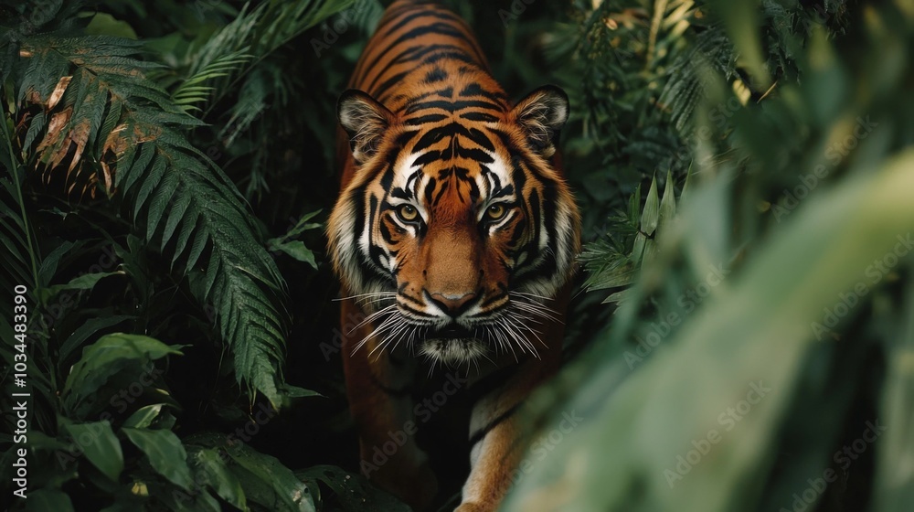 Striking Bengal tiger prowling through dense jungle foliage Striking Bengal tiger prowling through dense jungle foliage