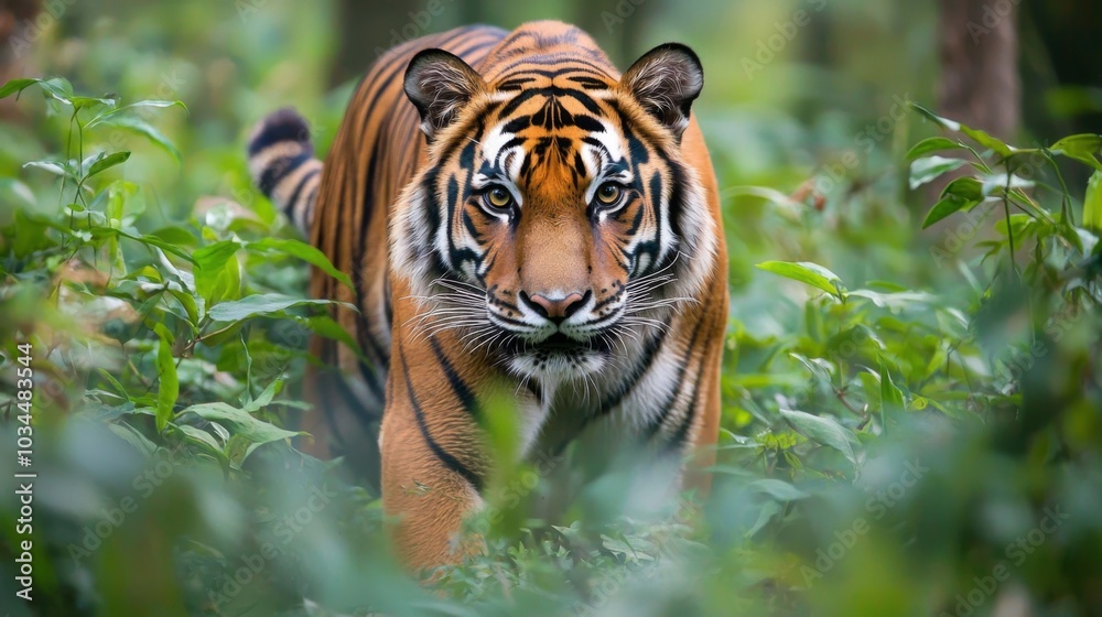 Striking Bengal tiger prowling through dense jungle foliage Striking Bengal tiger prowling through dense jungle foliage