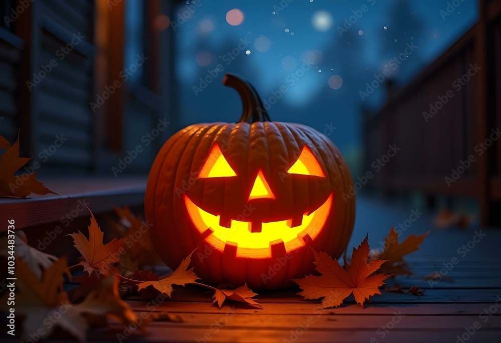 Obraz premium A glowing Halloween pumpkin with a carved face, placed on a wooden porch, surrounded by autumn leaves, under a clear night sky filled with stars create with ai