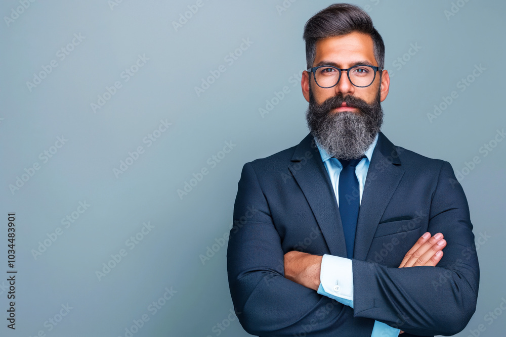 successful businessman, gorgeous bearded Caucasian man with glasses and a strict blue suit and tie. Portrait of a mature man with folded arms. successful businessman, gorgeous bearded Caucasian man with glasses and a strict blue suit and tie. Portrait of a mature man with folded arms.