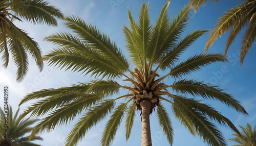 A tall palm tree swaying gently in the breeze against a clear blue sky, embodying the essence of tropical paradise and relaxation.