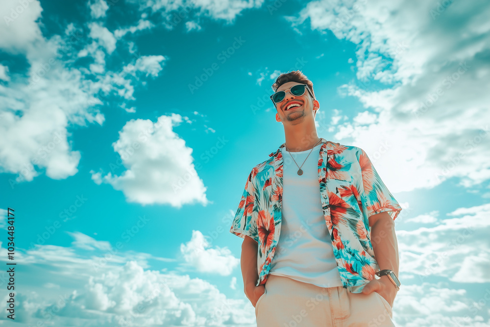 © Super Stocks - A young man in his thirties, wearing sunglasses and summer attire with floral patterns on the shirt, is smiling while standing at the beach. The background features a blue sky with white clouds, © Super Stocks - A young man in his thirties, wearing sunglasses and summer attire with floral patterns on the shirt, is smiling while standing at the beach. The background features a blue sky with white clouds,