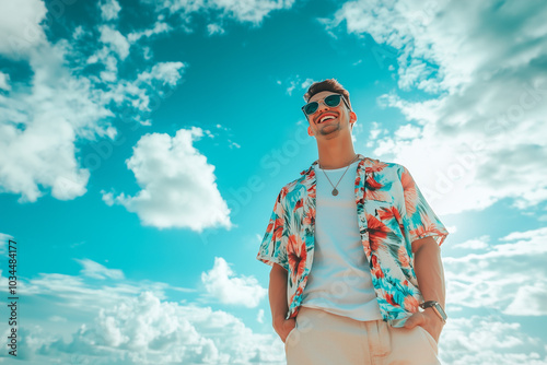 A young man in his thirties, wearing sunglasses and summer attire with floral patterns on the shirt, is smiling while standing at the beach. The background features a blue sky with white clouds, photo