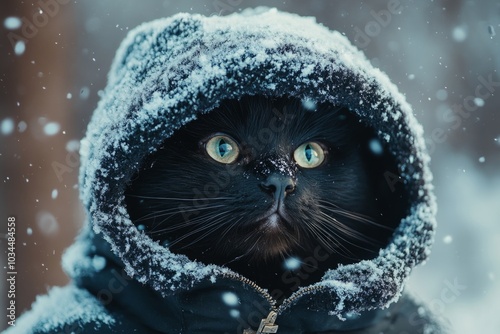 Wallpaper Mural Enchanting black cat in snowy hood captures winter magic with mesmerizing green eyes Torontodigital.ca