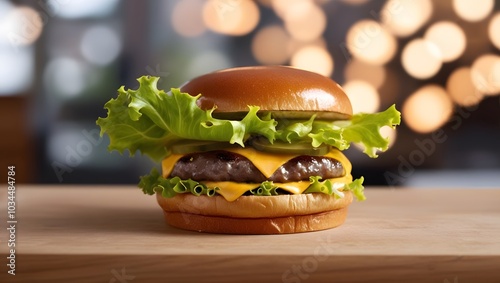 Delicious cheeseburger with fresh lettuce, perfectly arranged, bokeh background. photo