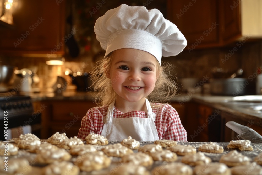 Smiling child chef baking cookies in cozy rustic kitchen Smiling child chef baking cookies in cozy rustic kitchen