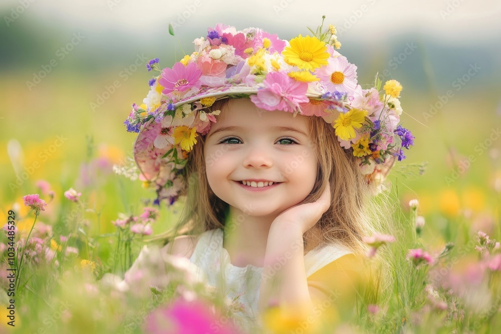 Joyful child in floral hat smiling in meadow of wildflowers on sunny day Joyful child in floral hat smiling in meadow of wildflowers on sunny day