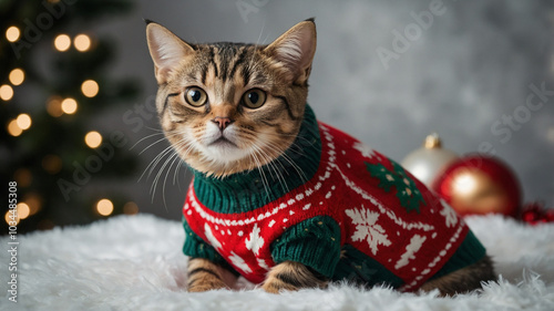 Kitten wearing a holiday sweater.