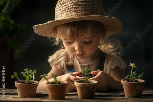 Curious child gardening: little girl planting seedlings in pots outdoors