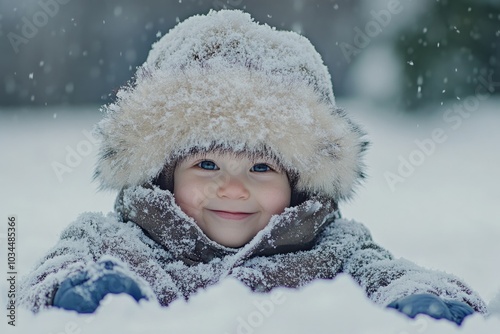 Joyful child in winter attire enjoying snowy day outdoors