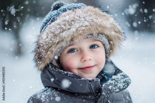 Smiling child enjoying snowy winter wonderland in warm wool hat