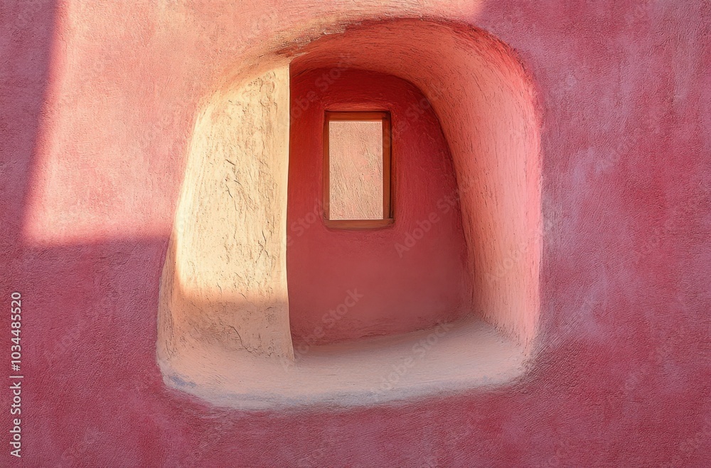A small window in the wall of an adobe house, with pink walls, smooth and rounded shapes, strong colors, and a warm light. A small window in the wall of an adobe house, with pink walls, smooth and rounded shapes, strong colors, and a warm light.