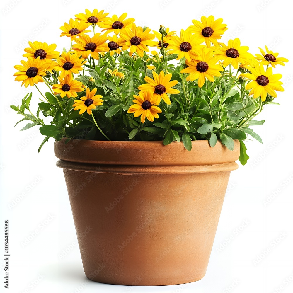 A terracotta pot overflowing with yellow flowers. A terracotta pot overflowing with yellow flowers.