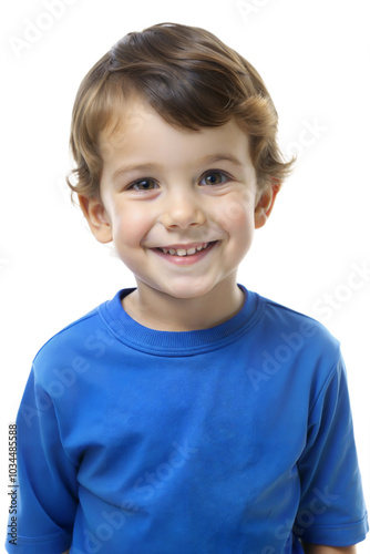 Young boy smiling brightly in a blue t shirt