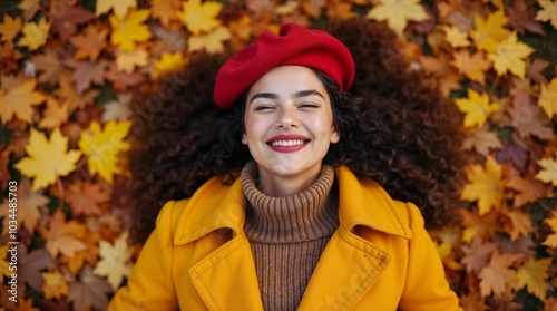 Cheerful woman lies on vibrant autumn leaves, wearing a stylish red beret and yellow coat, embodying joy and the beauty of fall fashion.