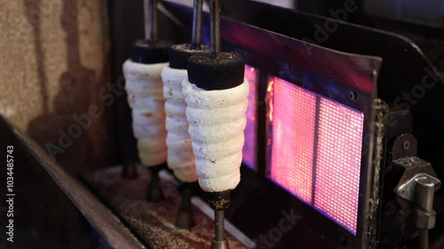 Baking a Hungarian Kurtost near heated electric wall. photo