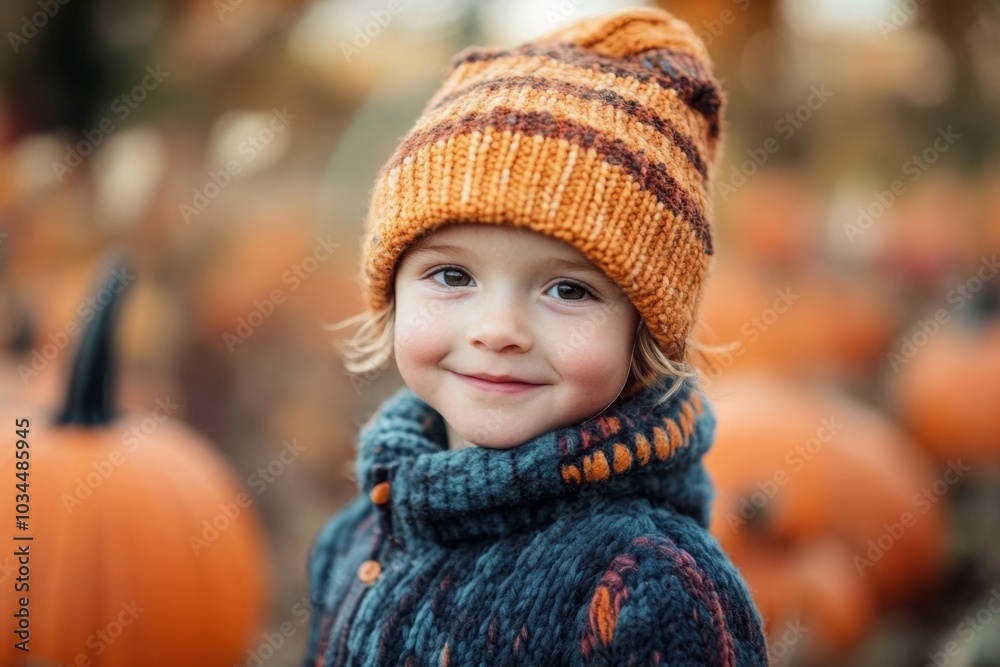 Smiling child in cozy knit hat and sweater surrounded by autumn pumpkins Smiling child in cozy knit hat and sweater surrounded by autumn pumpkins