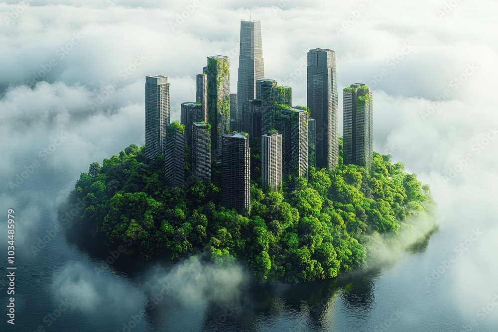 Fototapeta premium Modern skyscrapers amidst lush greenery on an isolated island surrounded by clouds