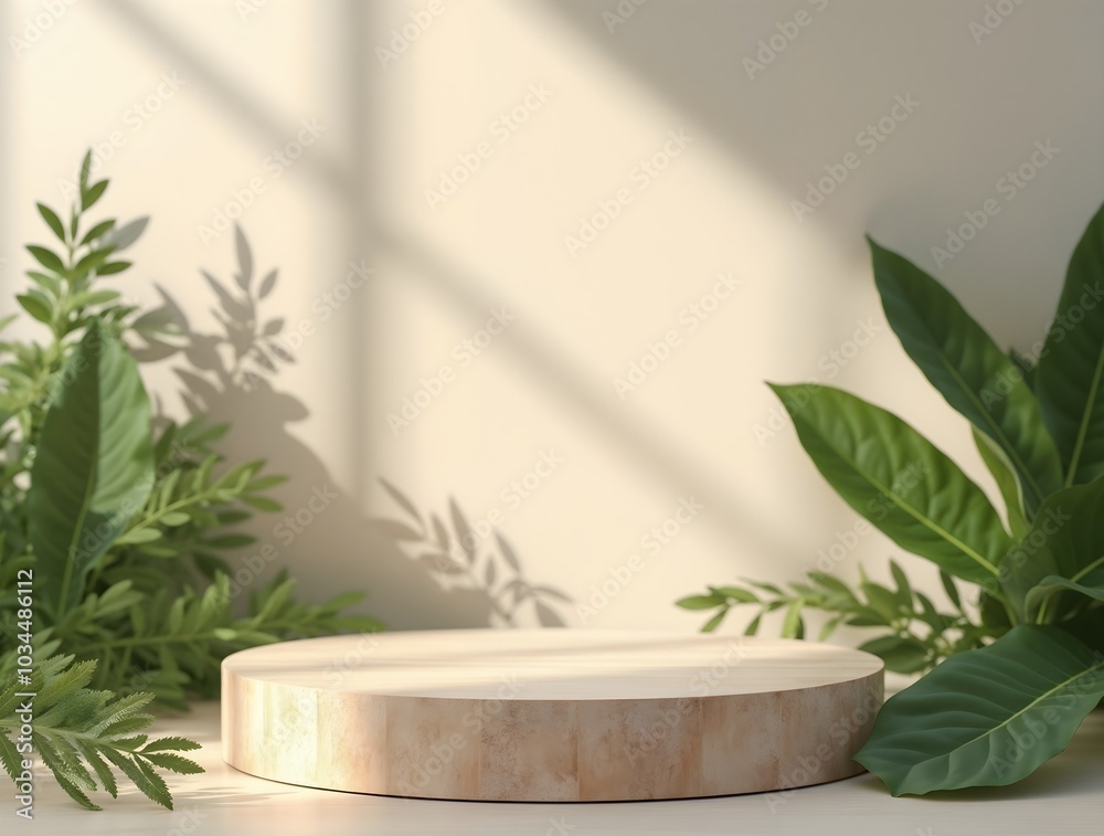 Stylish light wood podium illuminated by soft lights in a modern minimalistic and eco-friendly design, with plants around. Concept for product placement Stylish light wood podium illuminated by soft lights in a modern minimalistic and eco-friendly design, with plants around. Concept for product placement