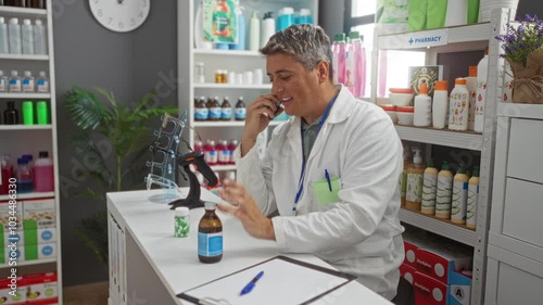 Wallpaper Mural Pharmacist in a white coat examines a medicine bottle while talking on the phone in a well-stocked pharmacy with various products and a clipboard on the counter. Torontodigital.ca