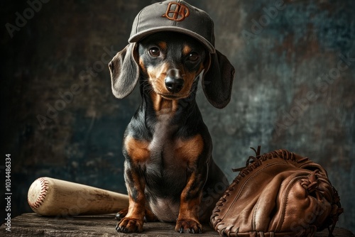 Adorable dachshund puppy in baseball cap with bat and glove on rustic background photo