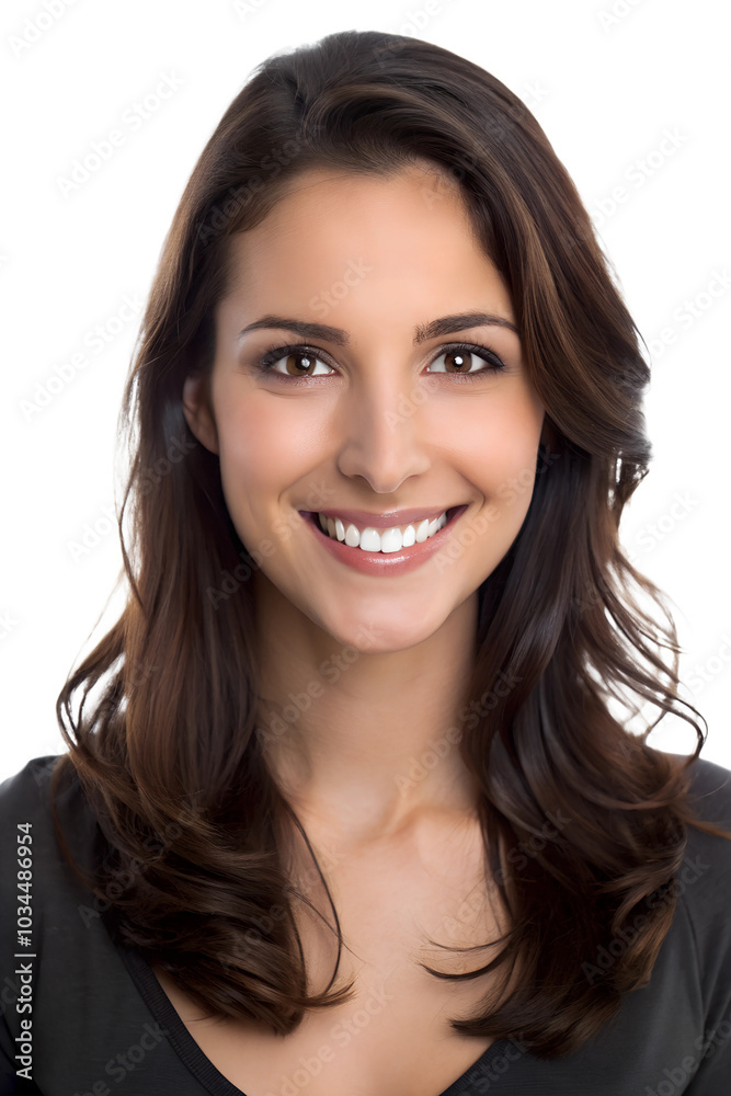 Smiling woman with long hair in a neutral setting Smiling woman with long hair in a neutral setting