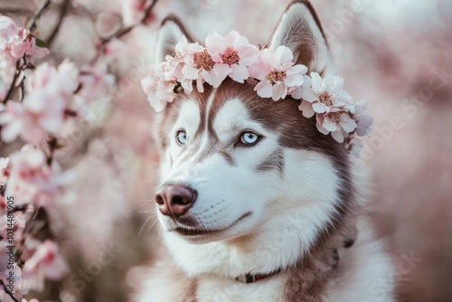 Husky with cherry blossom crown in springtime bloom photo