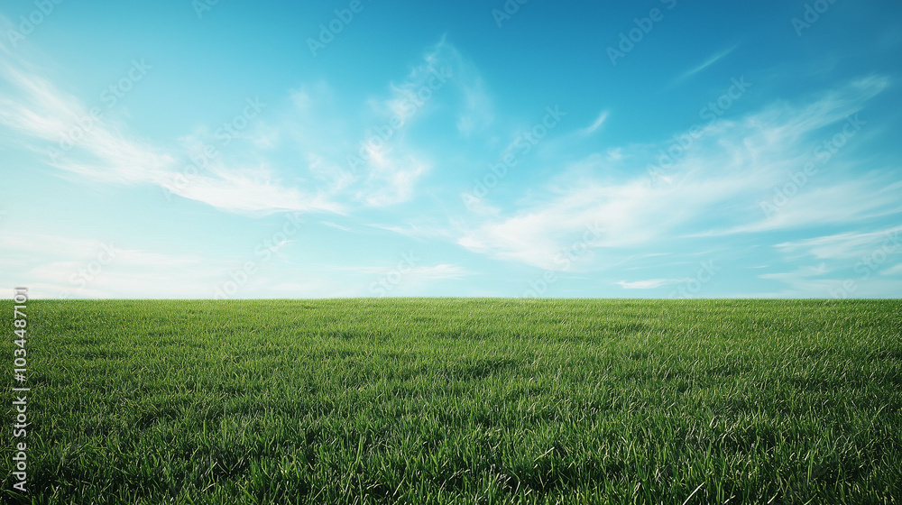 Beautiful grassy field with a blue sky and white clouds in the background. The green meadow is seen from above, creating an endless horizon. Beautiful grassy field with a blue sky and white clouds in the background. The green meadow is seen from above, creating an endless horizon.