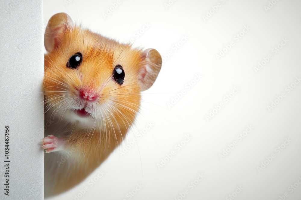 White hamster is looking at the camera and is standing on a white board. The hamster is looking at the camera with a curious expression. hamster peeks out from behind the wall, pure white background, White hamster is looking at the camera and is standing on a white board. The hamster is looking at the camera with a curious expression. hamster peeks out from behind the wall, pure white background,