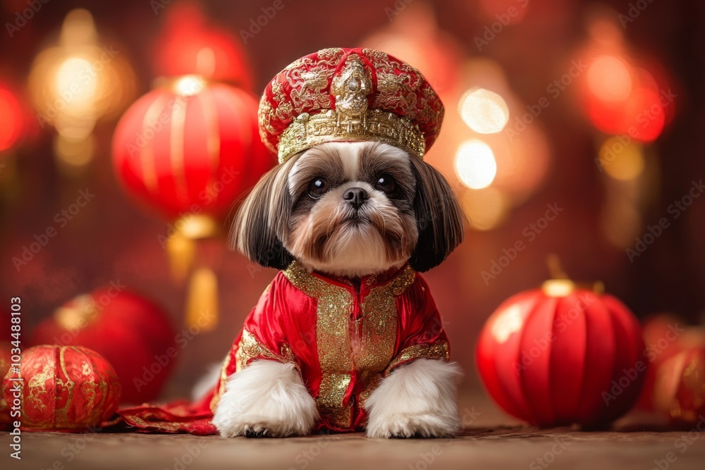 Shih tzu in traditional chinese costume with red lanterns for festive celebration Shih tzu in traditional chinese costume with red lanterns for festive celebration