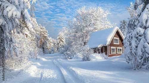 Winter wonderland scene with snow-laden branches and a cozy cabin. Wooden hut in a snowy forest