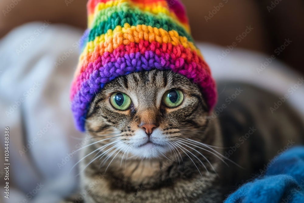 Cozy tabby cat wearing a vibrant rainbow knit hat Cozy tabby cat wearing a vibrant rainbow knit hat