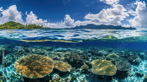 Vibrant Coral Reef Ecosystem Captured in Wide-Angle Underwater Photography: Crystal Clear Waters, Dappled Sunlight, and Rich Marine Life in National Geographic Style.