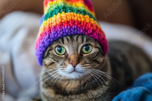 Wallpaper Mural Cozy tabby cat wearing a vibrant rainbow knit hat Torontodigital.ca