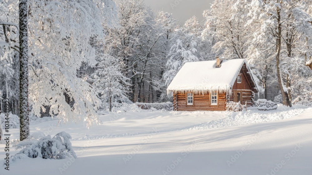 Winter wonderland scene with snow-laden branches and a cozy cabin. Wooden hut in a snowy forest Winter wonderland scene with snow-laden branches and a cozy cabin. Wooden hut in a snowy forest