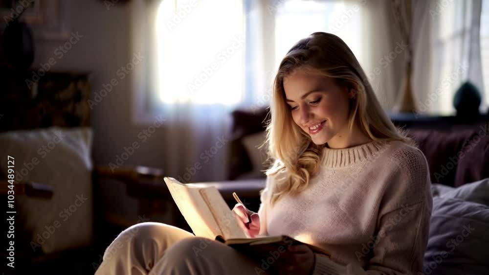 Blonde young woman writing in diary by window in cozy winter light Blonde young woman writing in diary by window in cozy winter light