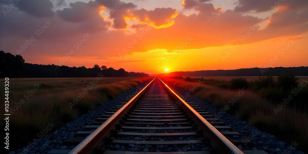 A railway track stretching into the sunset, bathed in warm hues of orange and pink, creating a serene and nostalgic atmosphere perfect for travel and adventure A railway track stretching into the sunset, bathed in warm hues of orange and pink, creating a serene and nostalgic atmosphere perfect for travel and adventure