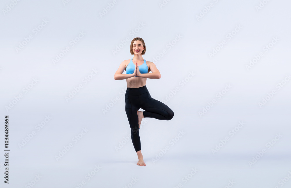 Full body length gaiety shot athletic and sporty woman doing healthy and meditative yoga exercise workout posture on isolated background. Healthy active and body care lifestyle Full body length gaiety shot athletic and sporty woman doing healthy and meditative yoga exercise workout posture on isolated background. Healthy active and body care lifestyle
