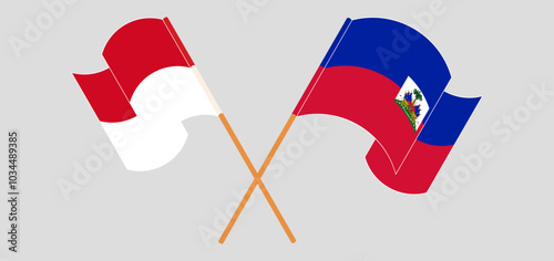 Crossed and waving flags of Monaco and Republic of Haiti. Vector illustration