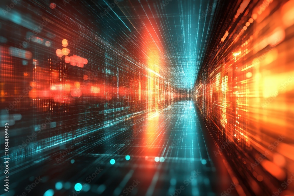 Fototapeta premium Dynamic digital corridor illuminated with vibrant blue and orange light patterns at night