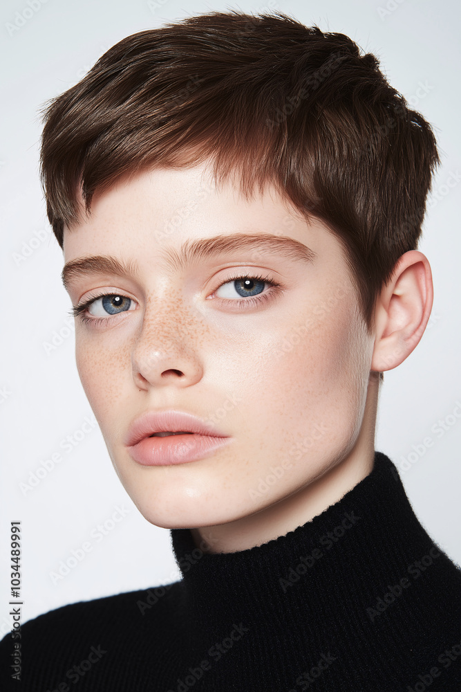 Close-up portrait of short-haired woman in black turtleneck highlighting natural beauty simplicity and confidence perfect for fashion editorial beauty wellness and lifestyle product campaigns Close-up portrait of short-haired woman in black turtleneck highlighting natural beauty simplicity and confidence perfect for fashion editorial beauty wellness and lifestyle product campaigns