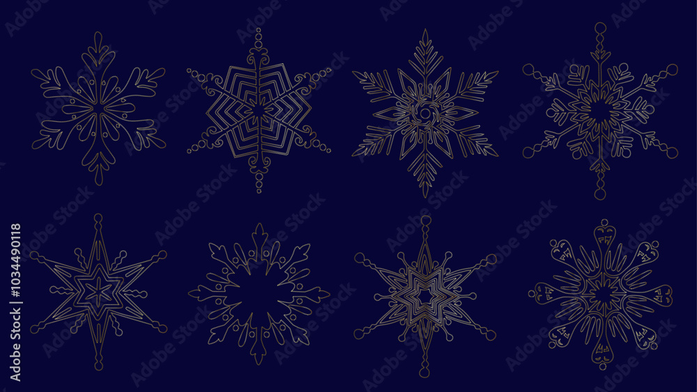 Set of different golden snowflakes, decorative winter elements for Christmas decor. Vector graphics. Set of different golden snowflakes, decorative winter elements for Christmas decor. Vector graphics.