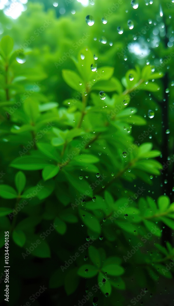 Raindrops on a wet window glass during the rain, with vibrant green leaves in the background, creating a refreshing and serene atmosphere Raindrops on a wet window glass during the rain, with vibrant green leaves in the background, creating a refreshing and serene atmosphere