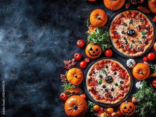 Spooktacular Halloween Pizza Art: An Elegant Dark Slate Poster Featuring Artistic Pizzas Surrounded by Pumpkins and Greens, Perfect for Festive Sports Décor! photo